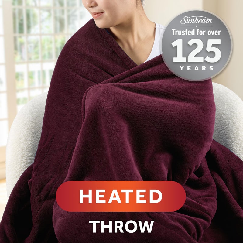 Sunbeam Electric Throw Royal Luxe Microplush Heated Blanket, 4 Heat Settings, 4-Hour Auto Shut-Off, Fast Heating, Warm and Cozy, Cabernet Red Color, 50" x 60" - Image 2